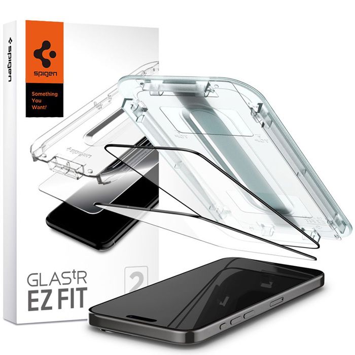 Verre trempé Spigen GLAS.TR EZ FIT FC Lot de 2 protections en verre trempé pour iPhone 15 Pro Max (cadre noir)