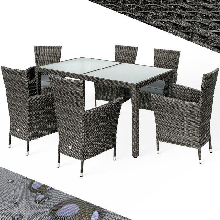 CASARIA® Salon de jardin gris 6 places table de jardin chaises empilables avec coussins plateau de table en verre trempé