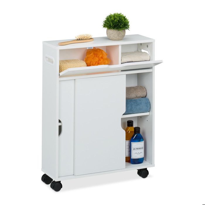 Relaxdays Chariot de niche portes coulissantes 67 x 17 x 52 cm salle de bain armoire étroit avec roulettes blanc
