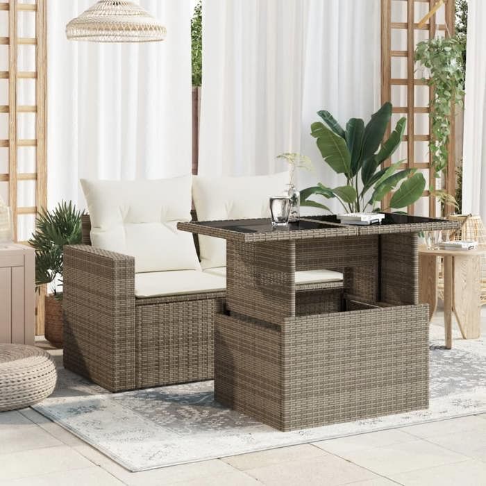 Table de jardin - mango - et dessus en verre - gris 100x55x73cm résine tressée TT490