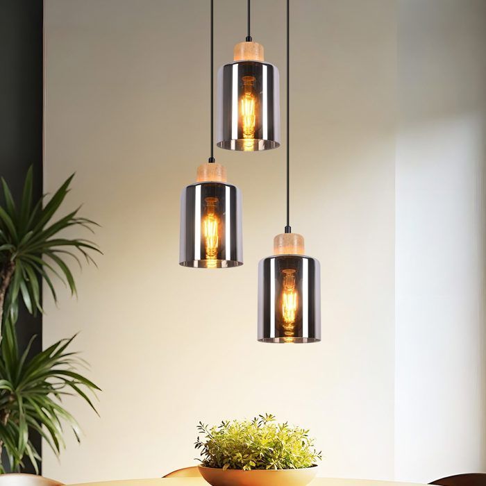 Homefire Lustre à trois têtes en forme de disque lustre en bois lampe de table à manger rétro en verre E27