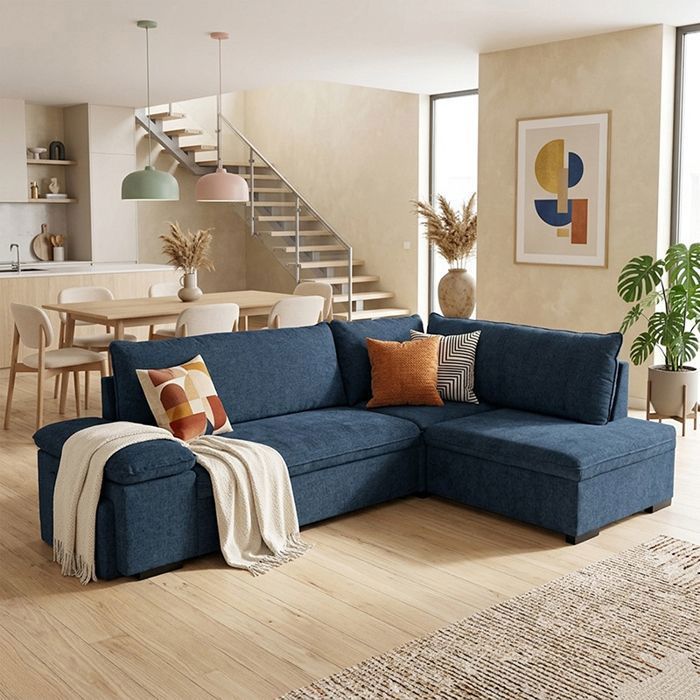 ALYA Canapé dangle reversible convertible Bleu OCEAN (tissu lisse) - Taille L - 5 places - 260 x 183 x 89
