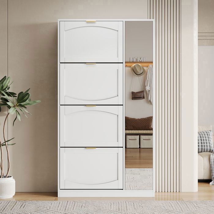 Merax Armoire à Chaussures Blanche avec 4 Tiroirs Basculants et Miroir Rangement Grande Capacité pour Entrée 80×147×24 cm Merax Armoire à Chaussures Blanche avec 4 Tiroirs Basculants et Miroir Rangement Grande Capacité pour Entrée 80×147×24 cm