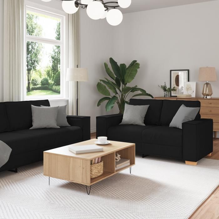 Canapé 3 pièces avec coussins en tissu noir
