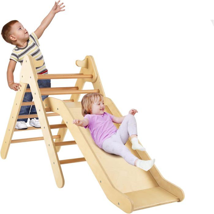 Triangle Escalade Montessori Enfants Avec Filet Toboggan Échelle - Charge 50kg Bois Gris Pour Bébé 1 An+