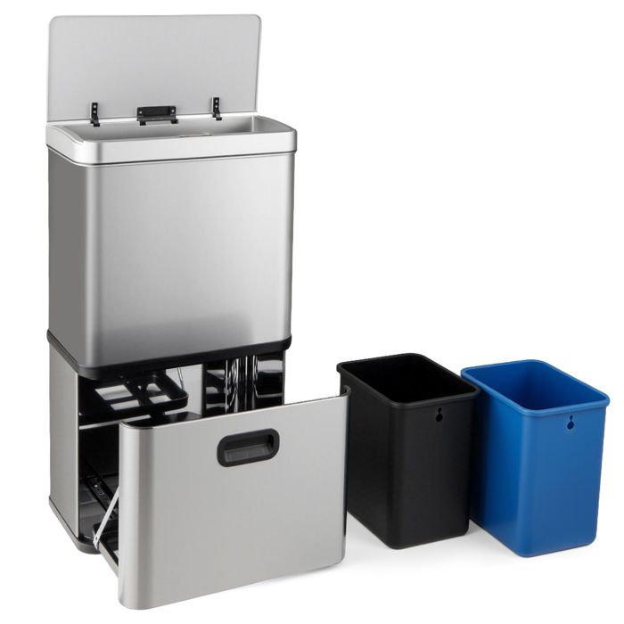 Poubelle De Cuisine 32L Avec Tri Sélectif - 2 Bacs + Tiroir, Pédale, Roulettes Frein - Noir, Design étroit 26 Cm