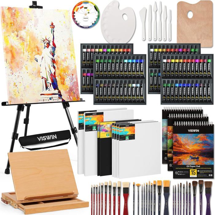 VISWIN 148 Pcs Kit de Peinture Super Deluxe avec Chevalet de Table et Champ, 96 Peintures à l'Huile, Aquarelle et Acrylique, Toi31 - Beaux-Arts et Loisirs créatifs