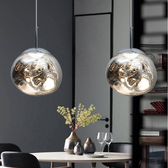 Lampe à suspension - Sphérique Boule - Lot de 2 - Verre Ø28 cm - Argent style vintage