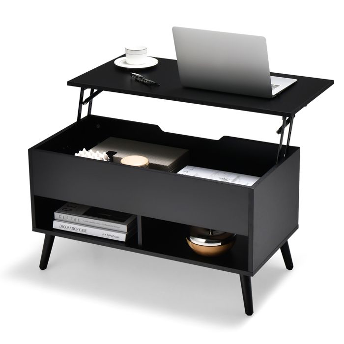 GIANTEX Table Basse Relevable- 2 Compartiments Ouverts- Table de Canapé avec Rangement- 80x40x46cm- Salon Bureau Chambre- Noir