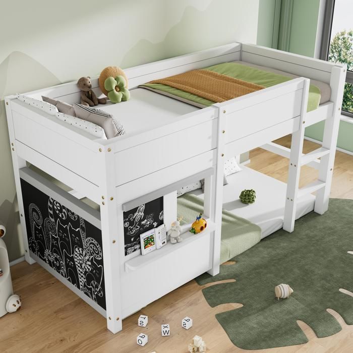 Lit Cabane Enfant - MERAX - 90x200 - Bois Pin Blanc - Mi-Hauteur - Échelle 3 Marches Lit Cabane Enfant - MERAX - 90x200 - Bois Pin Blanc - Mi-Hauteur - Échelle 3 Marches