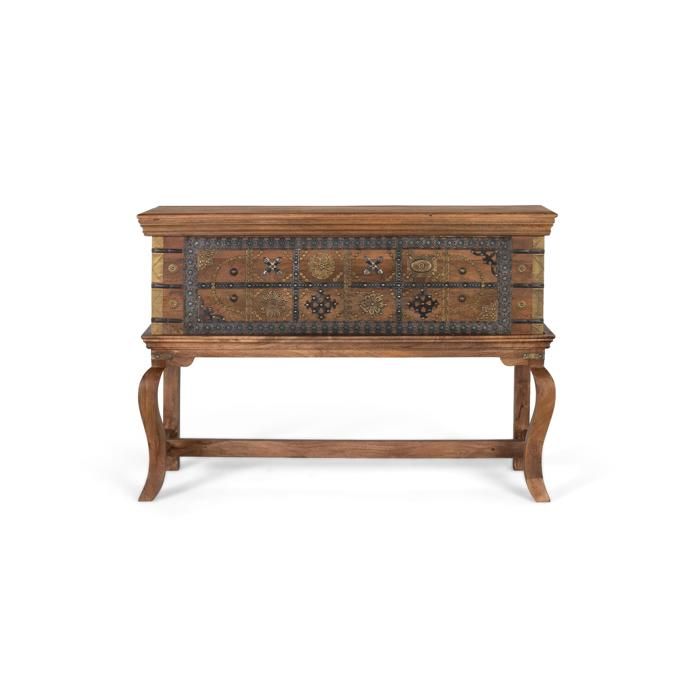 Console antique en bois de manguier - 116x40x80 cm - Marron - Plaques de laiton décorées - Pieds courbés - Bois massif Console antique en bois de manguier - 116x40x80 cm - Marron - Plaques de laiton décorées - Pieds courbés - Bois massif