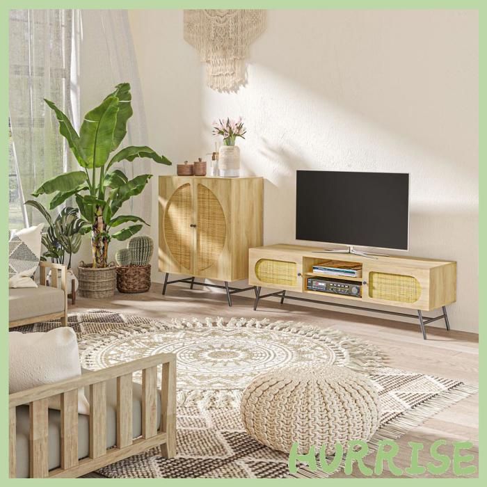 Cocosity Meuble De Rangement Buffet Haut Aspect Bois Et Cannage Design 2 Portes 80 X 39 X 1018 Cm Naturel