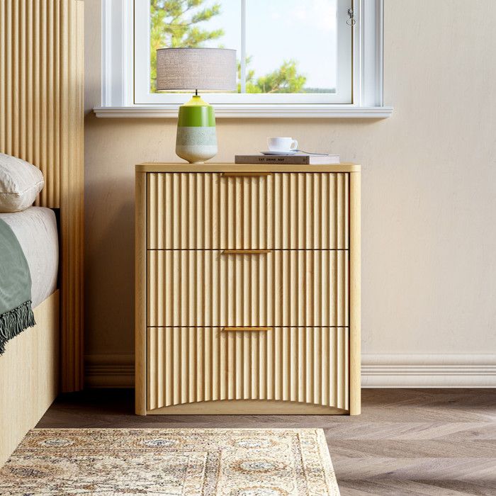 Chevet en bois classique à 3 tiroirs spacieux design rainures unique meuble de rangement minimaliste 58x38x64 cm couleur chêne.