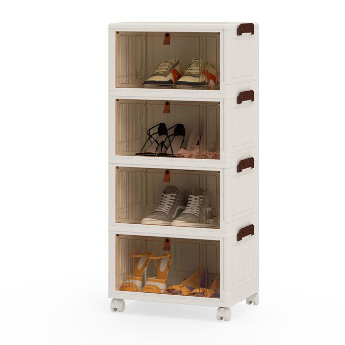 COSTWAY Boîte à Chaussures Pliable à 4 Niveaux avec Couvercle Portes & Roues Verrouillables pour Entrée Salon Chambre Blanc