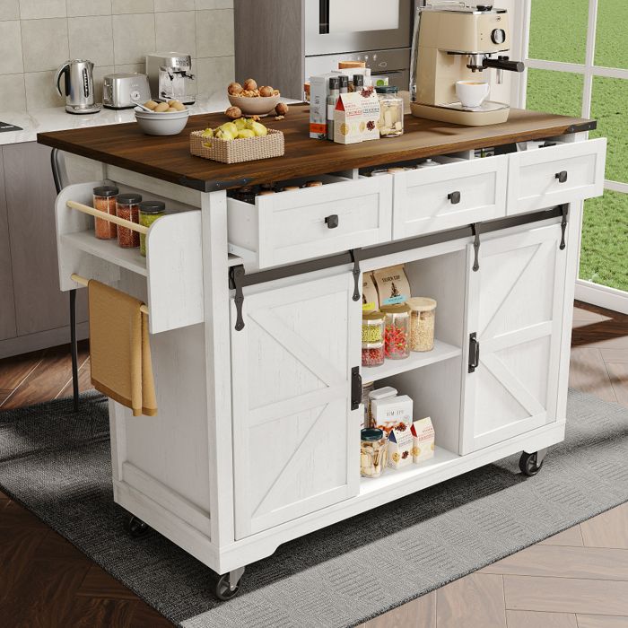 Desserte à roulettes Cuisine avec 2 portes et 3 tiroirsChariot à manger avec plan de travail-140 x 45(73) x 94 cmblanc