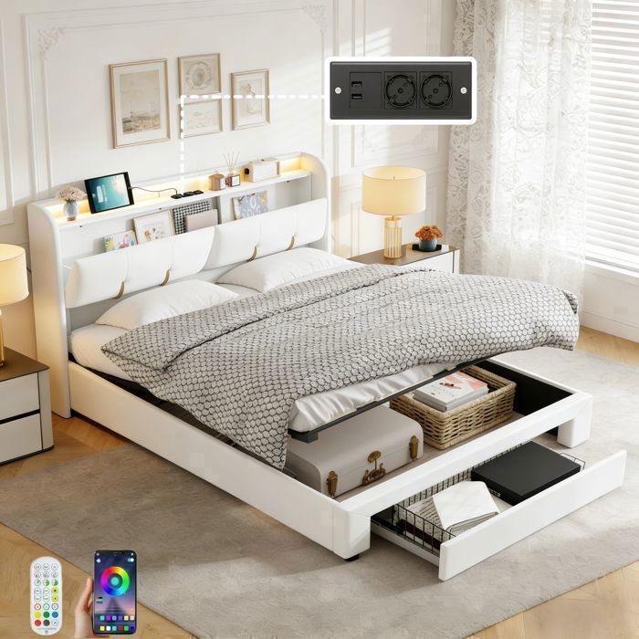 Lit double coffre avec tiroir 160x200 cm Tête de lit avec éclairage LED Cadre de lit rangement avec sommier à lattesVeloursBlanc