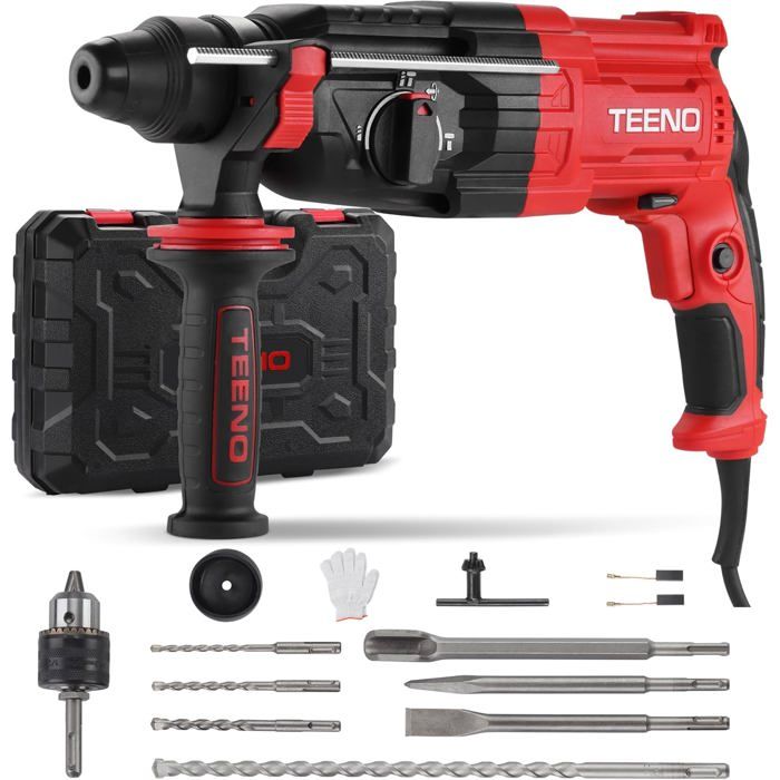 Marteau perforateur filaire TEENO 950W SDS Plus - 4 fonctions 17 accessoires puissant et ergonomique