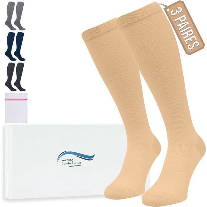 Bas de Contention - 3 Paires Couleur Unie Chaussettes de Compression Femme et Homme - Idéales pour Vols 3Paire-Beige XXL