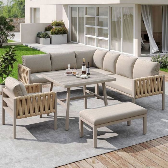 Mobilier jardin ensemble dangle 6 places structure fer galvanisé corde tressée table verre trempé pieds ajustables beige