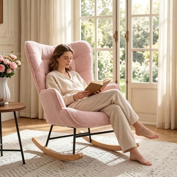 Fauteuil à bascule rembourré Rocking chair - Métal et bois massif - Fauteuil allaitement - 68x75x92cm - Velours teddy - Rose