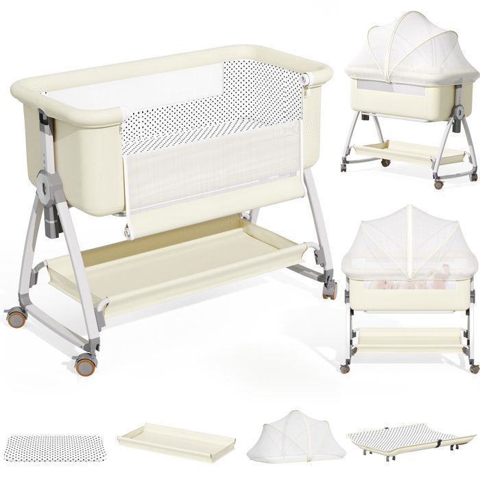 Lit Bébé Berceau Cododo Avec Matelas et Moustiquaire Table à LangerMode Balancelle et Inclinaison6 Hauteur Réglable - Beige