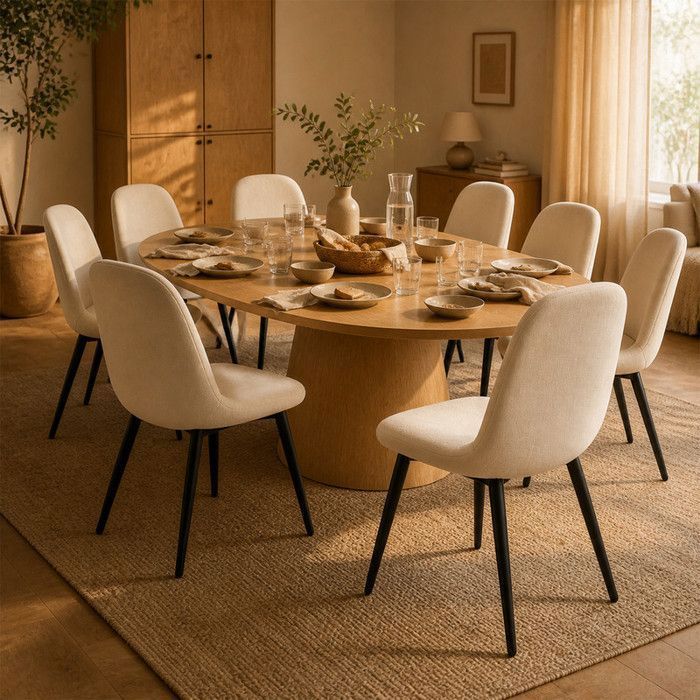 Lot de 8 Chaises Salle à Manger HavenlyHome Lin Dossier Ergonomique Pied Métal pour Salon Cuisine Chambre à Coucher Beige