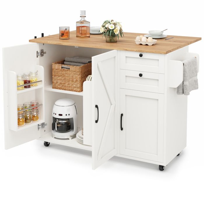 Îlot central de cuisine mobile – blanc effet bois – plateau rabattable – rangement avec tiroirs et portes