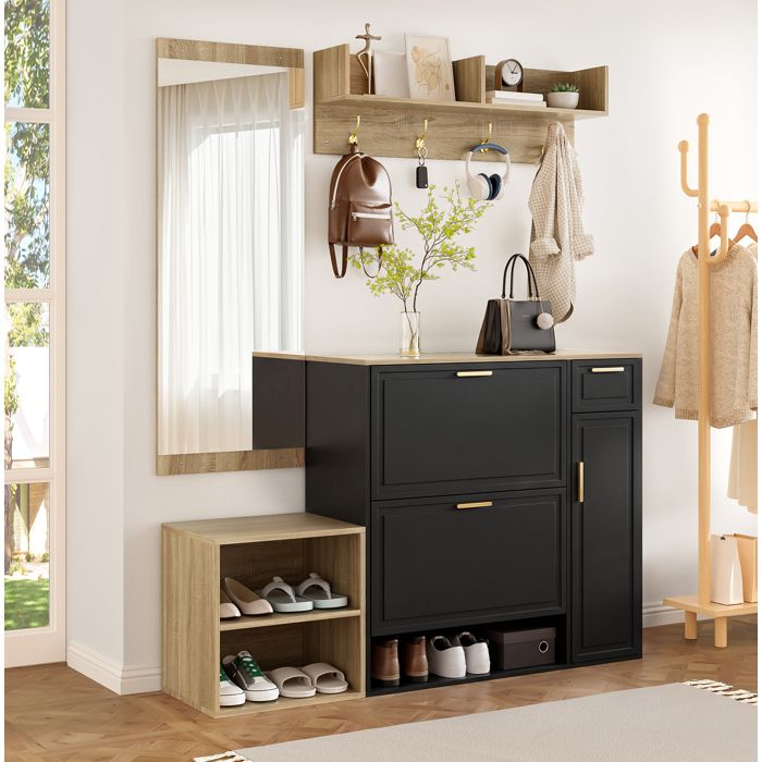 Ensemble dentrée 4 pièces 1395 x 35 x 166 cm meuble à chaussures banc panneau mural et miroir noir naturel