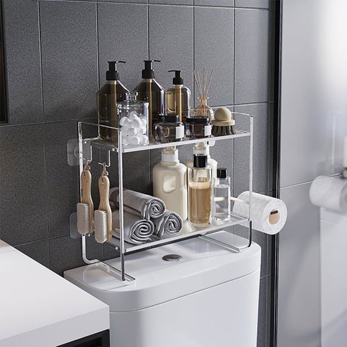 Étagère de rangement au-dessus des toilettes 2 niveaux – Métal robuste montage sans perçage–45x 16x 36cm– Argenté