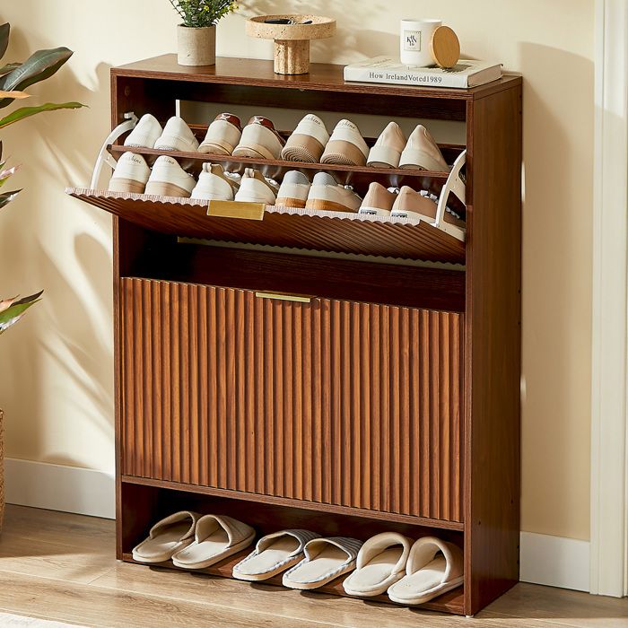MEULVA Meuble à chaussures 80 x 24 x 102 cm 2 abattants niche ouverte aspect noyer pour entrée étroite