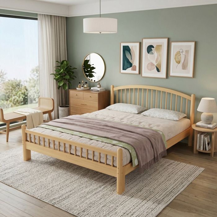 Lit simple 140 x 200 cm bois massif 208 x 147 x 84 cm Beige + Naturel pour chambre adulte ou enfant