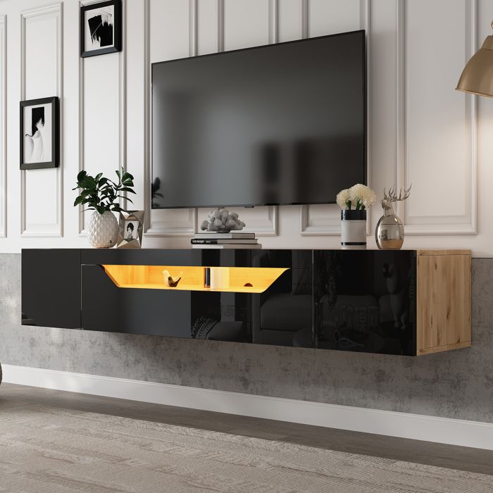 Meuble TV mural - 180x37x36 cm - 3 compartiments - Finition laquée brillante noire - LED intégrée