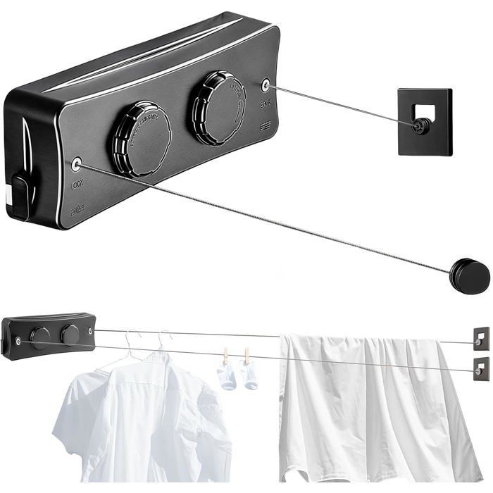 Étendoir à linge rétractable 2 x 5 1 m - acier inoxydable noir anti-affaissement - intérieur et extérieur