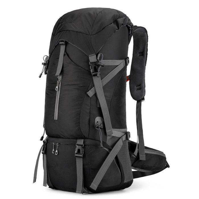 Sac à Dos Randonnée 65+5L - Léger 1.04kg - Nylon Déperlant - Dos Ventilé - Housse Pluie - Noir