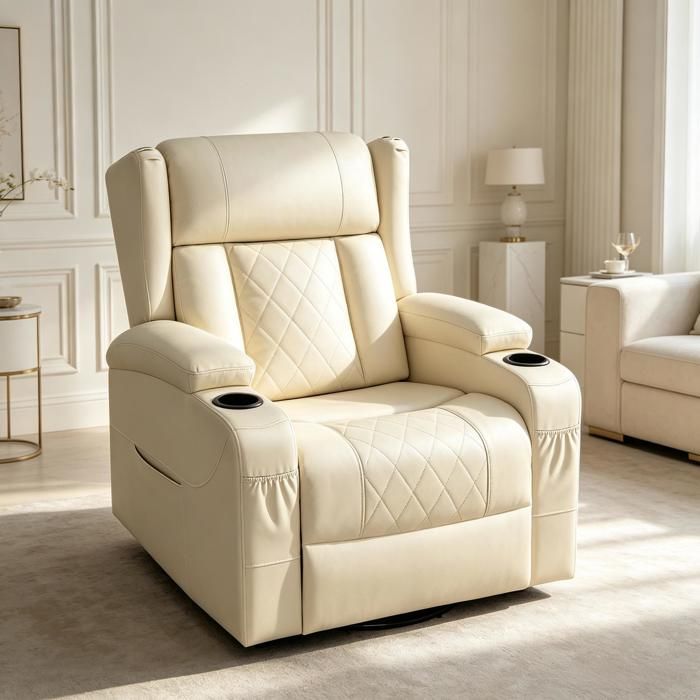Fauteuil relax pivotant - Beige - Dossier inclinable - Repose-pieds réglable - Pivotant 360° - Fonction bascule