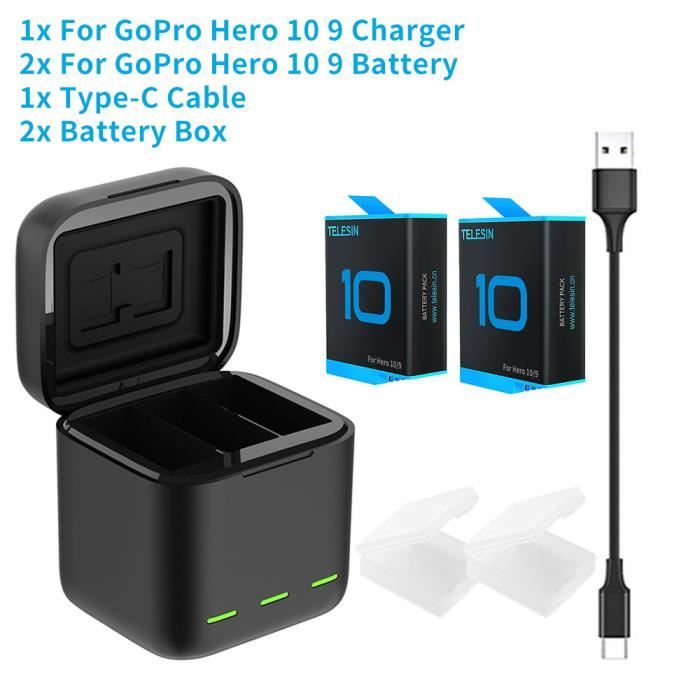 2 B 1 C Pour 9 10--batterie pour GoPro Hero 10 9 8 7 6 5 3 voies