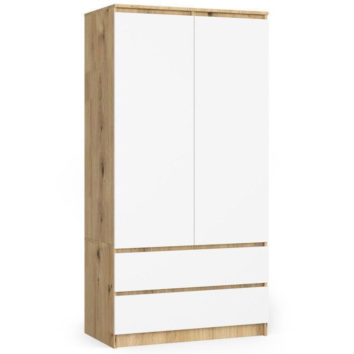 Armoire AKORD S90 Chêne Artisan 90 cm 2 portes 2 tiroirs façade Blanche 4 étagères 90x51x180 cm Armoire AKORD S90 Chêne Artisan 90 cm 2 portes 2 tiroirs façade Blanche 4 étagères 90x51x180 cm