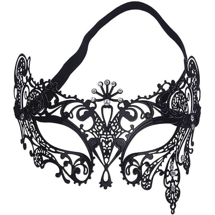 Masque Loup Vénitien Métal Avec Strass - Noir - Pour Soirée Mascarade Et Carnaval