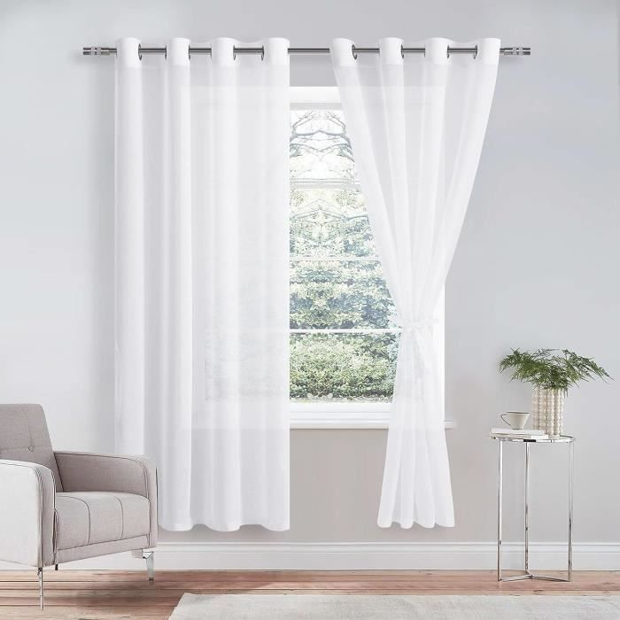 Voilages Topfinel à Œillets Argentés - Rideaux Transparents Blancs Pour Salon Et Chambre | 2 Panneaux 140x122 Cm