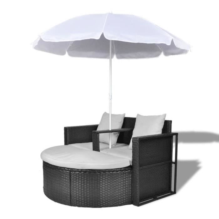 Chaise longue bain de soleil Lit de jardin avec parasol Noir Résine tressée-MEE