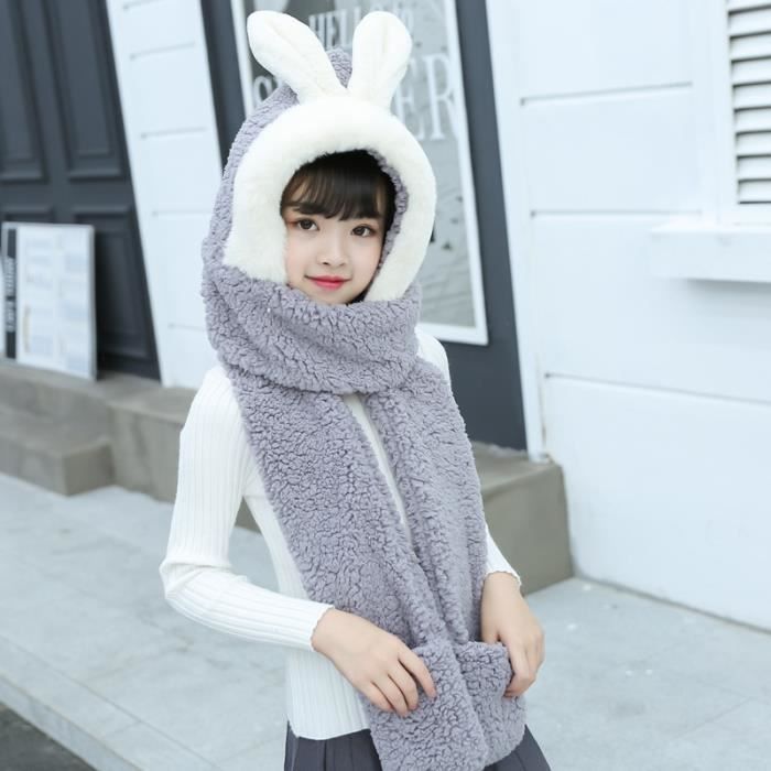 Écharpe Foulard avec Capuche Chapeau Gant Enfant Fille Épaissir Chaud Hiver  Gris