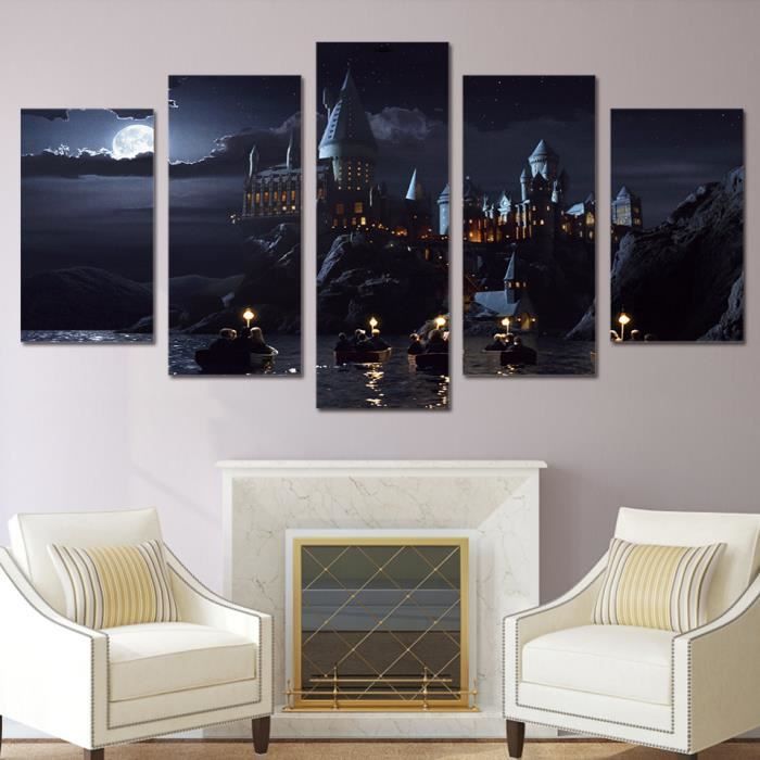 Photos Imprimees 5 Panneaux Toile Peinture Harry Potter Ecole Chateau Poudlard Art Mural Pour Le Salon Sans Cadre Sans Etirement Cdiscount Maison