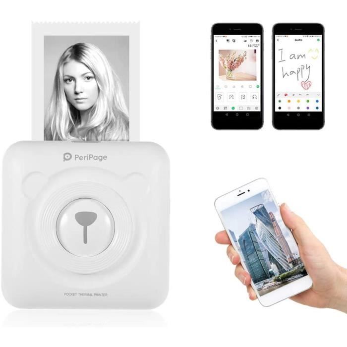 Imprimante Photo Portable Aibecy PeriPage – Blanc – Technologie sans fil BT 4.0 – Batterie rechargeable intégrée