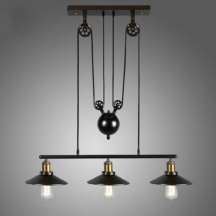 Guo Lustre Industriel à 3 Lampes avec Poulie en Fer Effet Rétro Noir