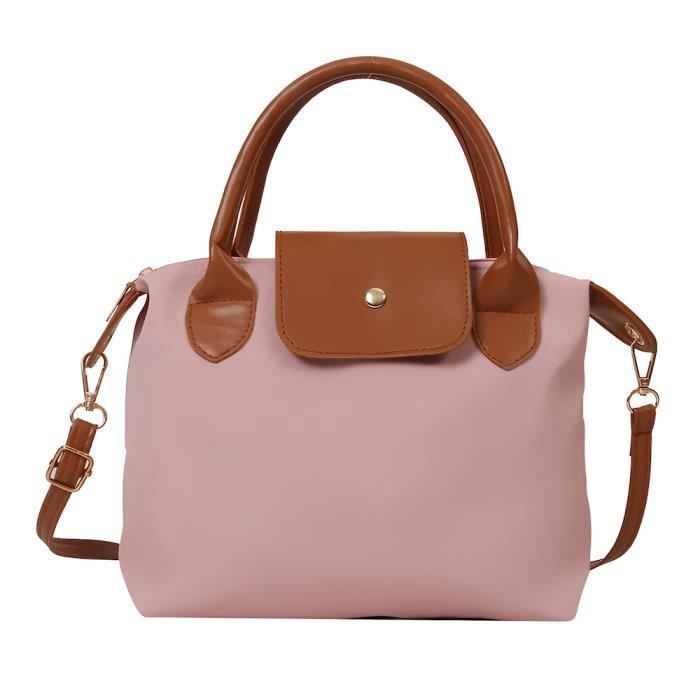 Sac a Main Femme Rectangle Tissu Oxford Rose et Cuir Marron Anses et Bandouliere