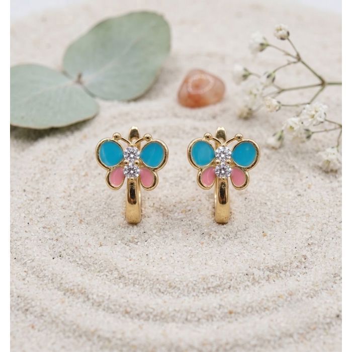 3 Boucles Papillon En Laiton Avec Perle Turquoise - Occasion En Bon état, Fermoir Vintage