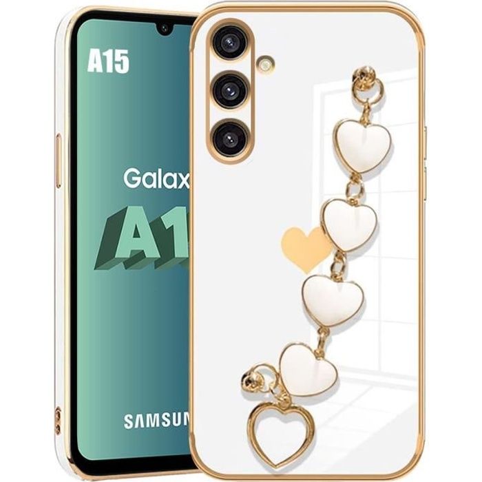 Coque pour Samsung Galaxy A15 4G 5G Antichoc en Silicone Flexible Style Luxe a Motif d Amour Or et Bracelet C ur Blanc