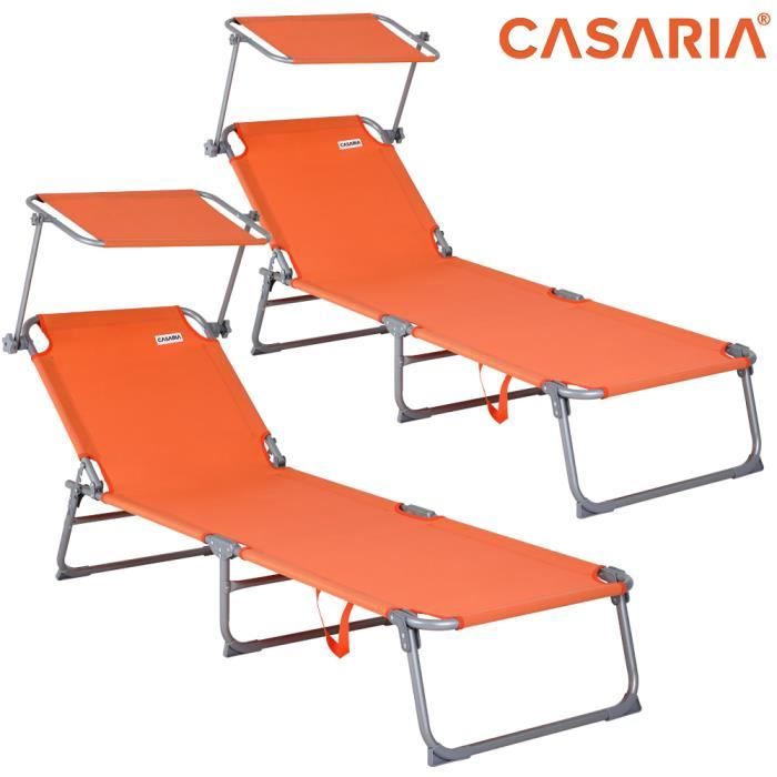 casaria 2x chaise longue pliable hawaii orange transat avec pare-soleil bain de soleil pour plage jardin camping transport