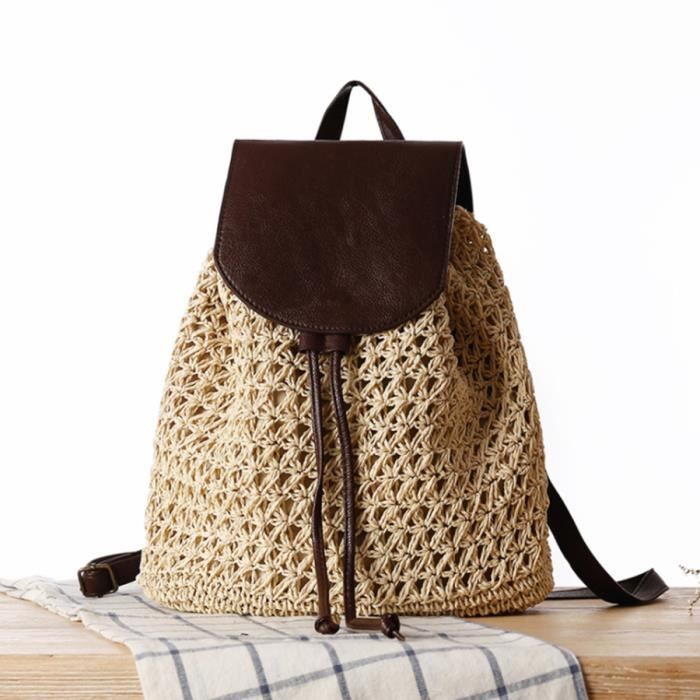 Sac De Plage pour femme Sac a dos en paille d ete pour Le Voyage Et Les Vacances Cdiscount Bagagerie Maroquinerie
