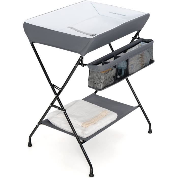 Table à Langer Bébé Pliable Morlinca - Hauteur Réglable 5 Niveaux (88-94 Cm), Avec Panier Rangement, Roulettes - Gris - 12